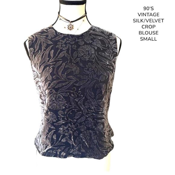 90'S‎ VTG. SILK VELVET OPEN BACK FLORAL TOP SMALL - Picture 1 of 8